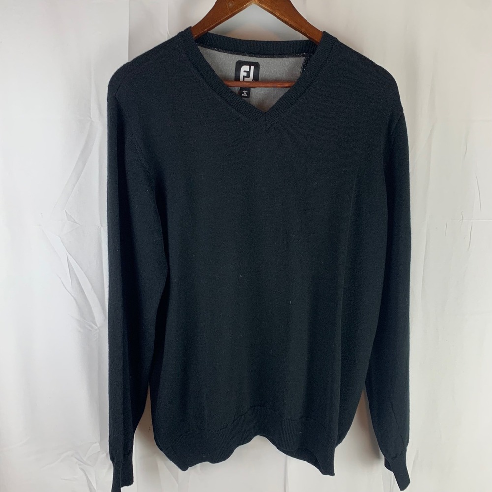 FootJoy V-Neck Sweater Mens Medium Black 100%‎ Wool Lined Golf Pullover
